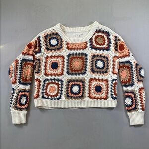American Eagle Outfitters Cotton Boho Crochet Granny-Square Boxy Cropped Sweater